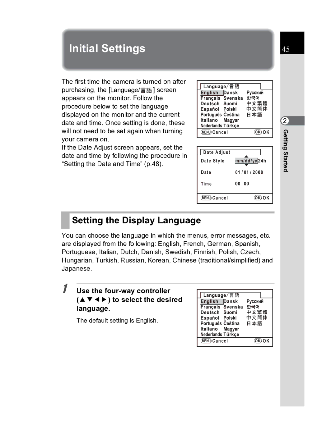 Pentax K20D manual Initial Settings, Setting the Display Language, Default setting is English 