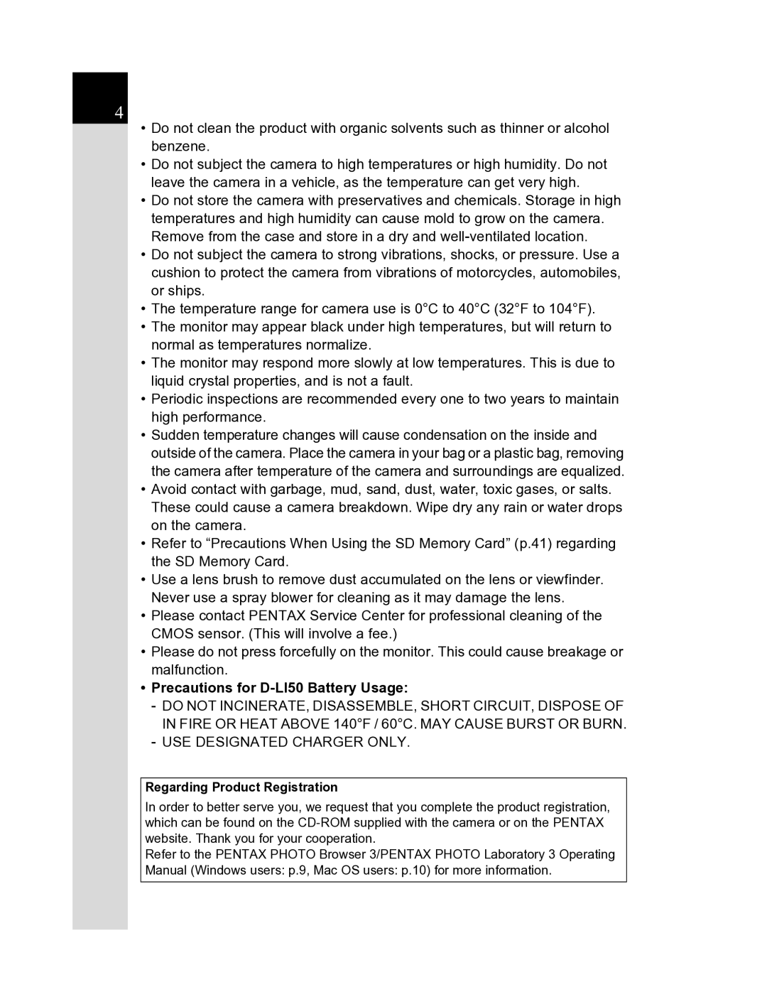 Pentax K20D manual Precautions for D-LI50 Battery Usage 