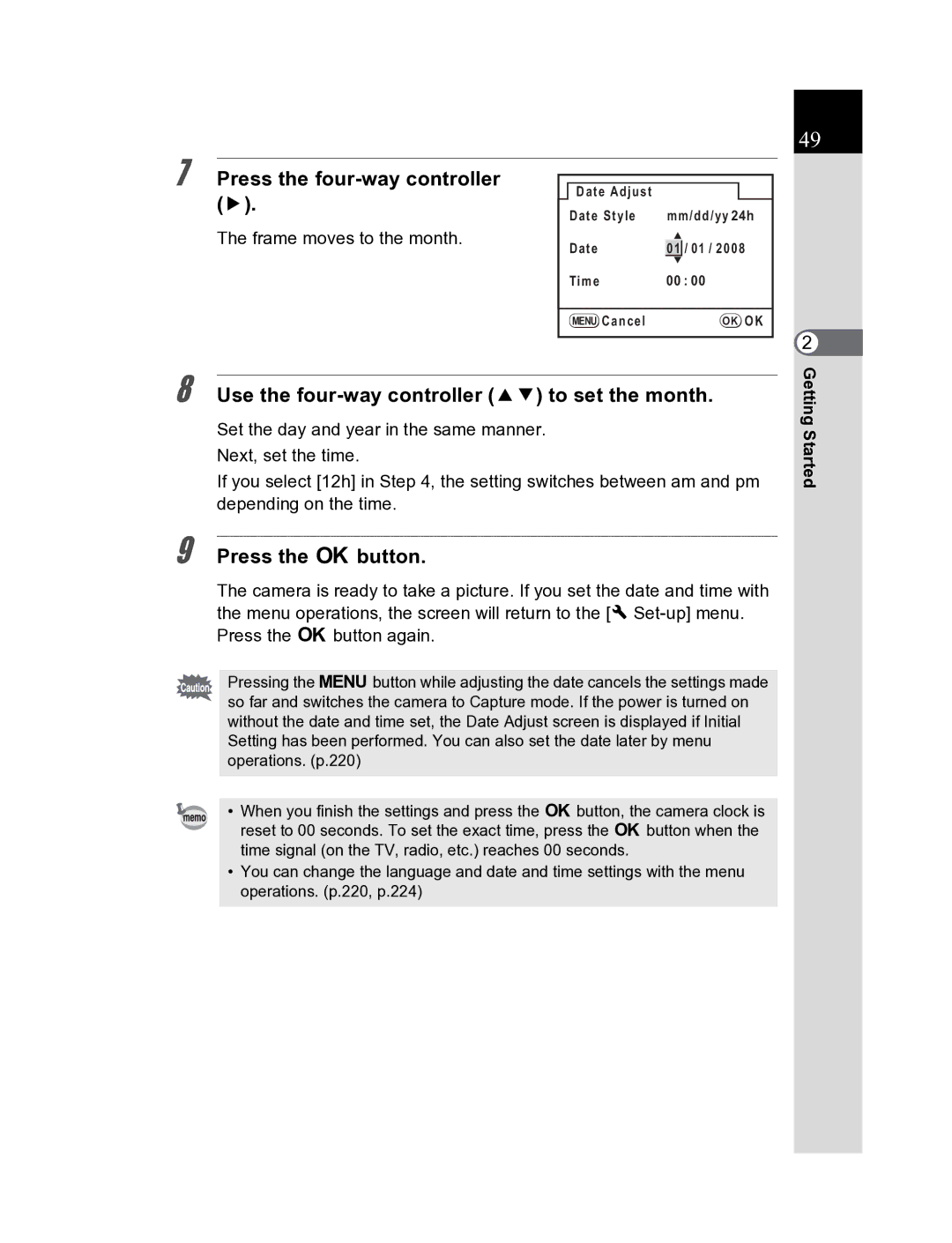 Pentax K20D manual Use the four-way controller 23 to set the month, Frame moves to the month 