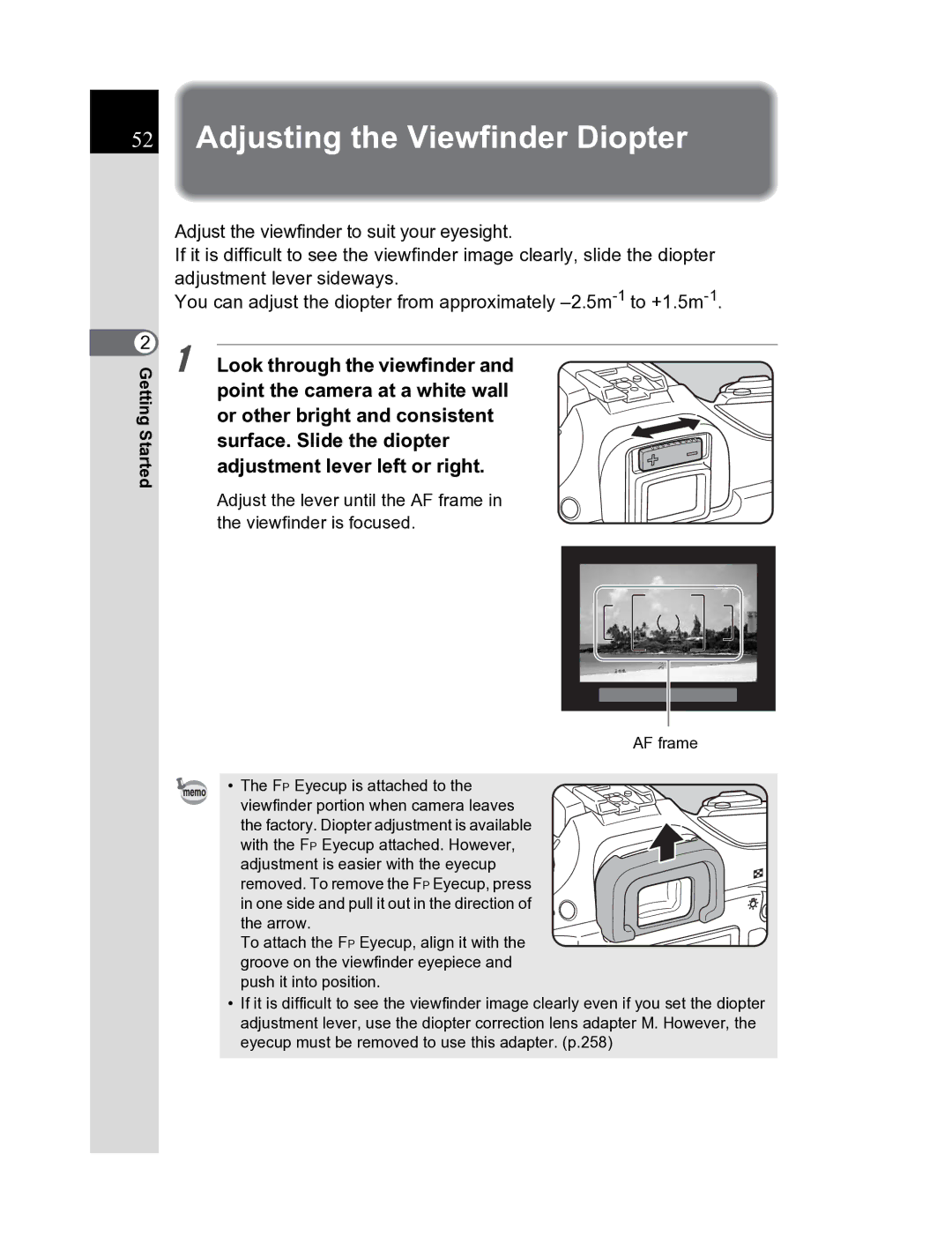 Pentax K20D manual Adjusting the Viewfinder Diopter 