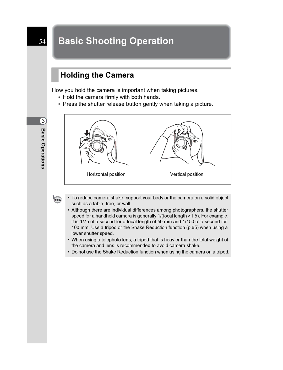 Pentax K20D manual Basic Shooting Operation, Holding the Camera 