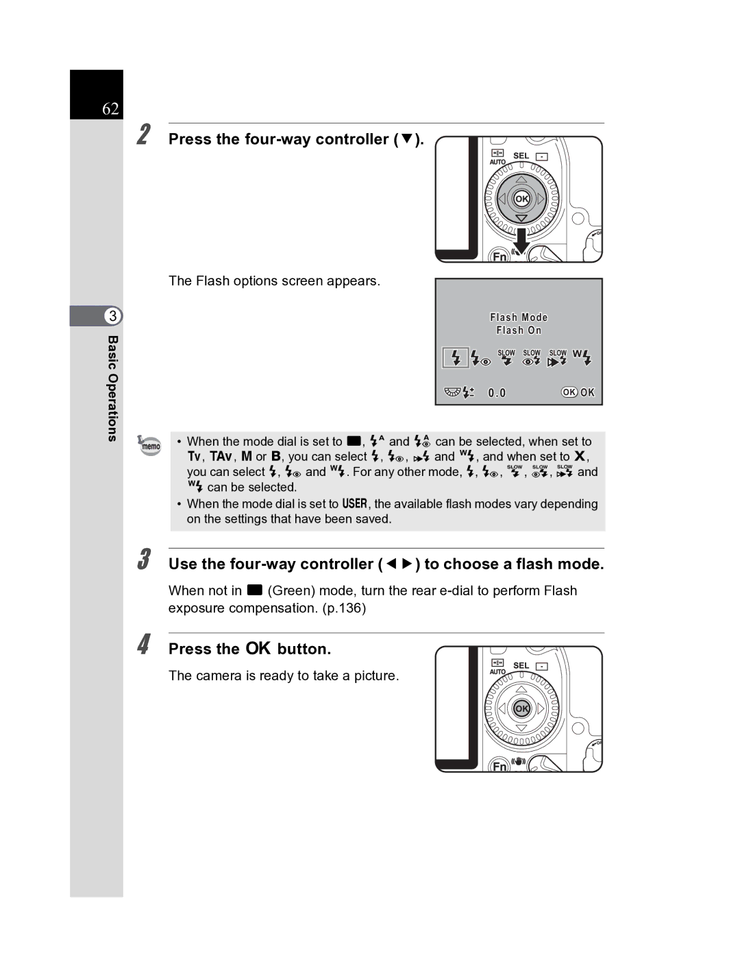 Pentax K20D manual Use the four-way controller 45 to choose a flash mode, Flash options screen appears 