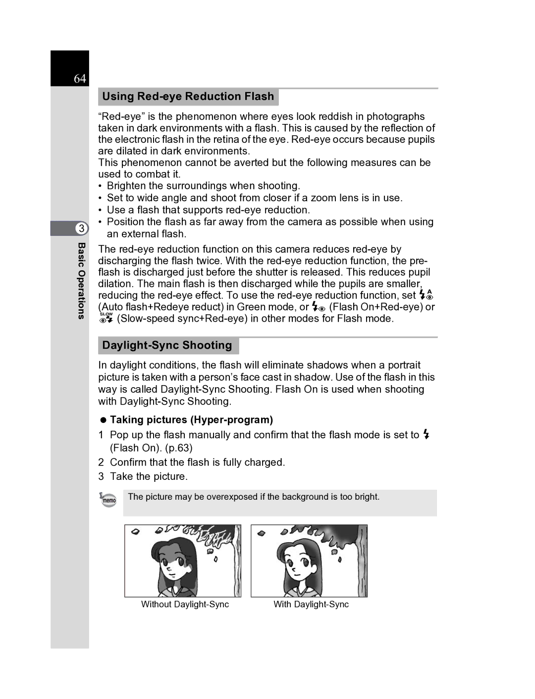 Pentax K20D manual Using Red-eye Reduction Flash, Daylight-Sync Shooting, Taking pictures Hyper-program 