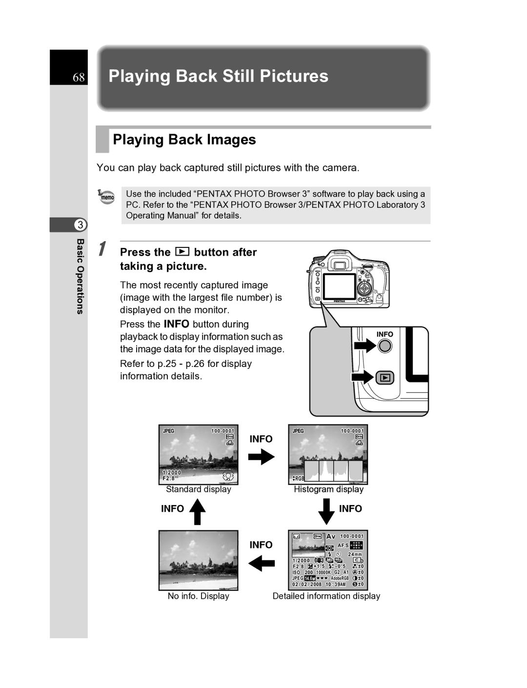 Pentax K20D manual Playing Back Still Pictures, Playing Back Images, Press the Q button after taking a picture 