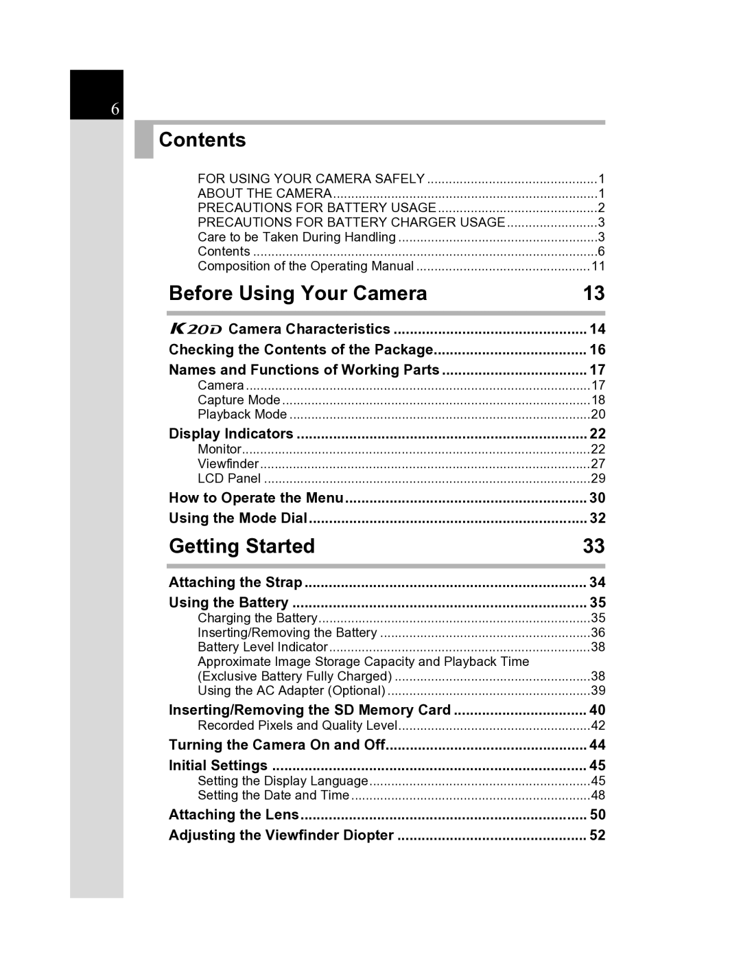 Pentax K20D manual Contents, Before Using Your Camera, Getting Started 
