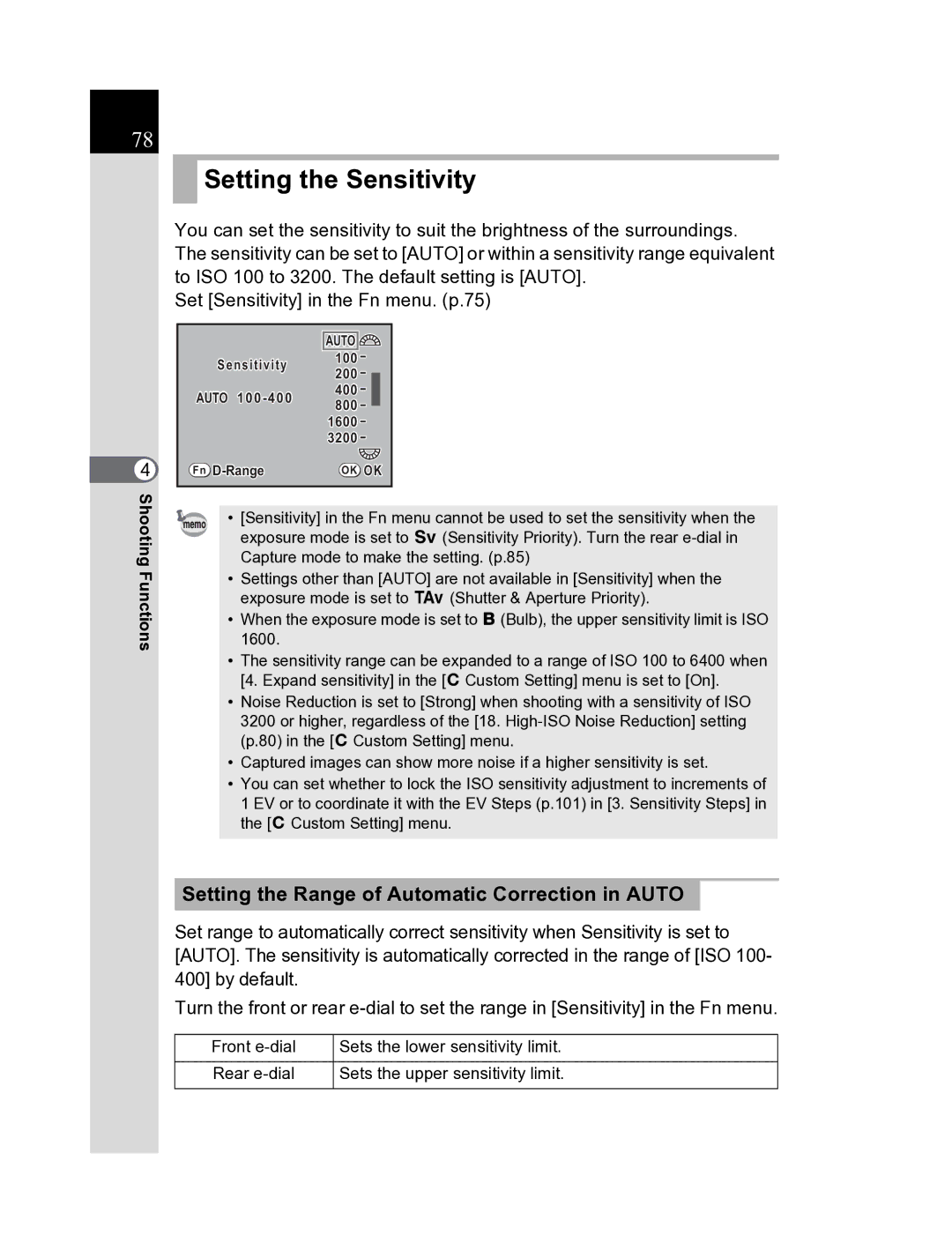 Pentax K20D manual Setting the Sensitivity, Setting the Range of Automatic Correction in Auto 