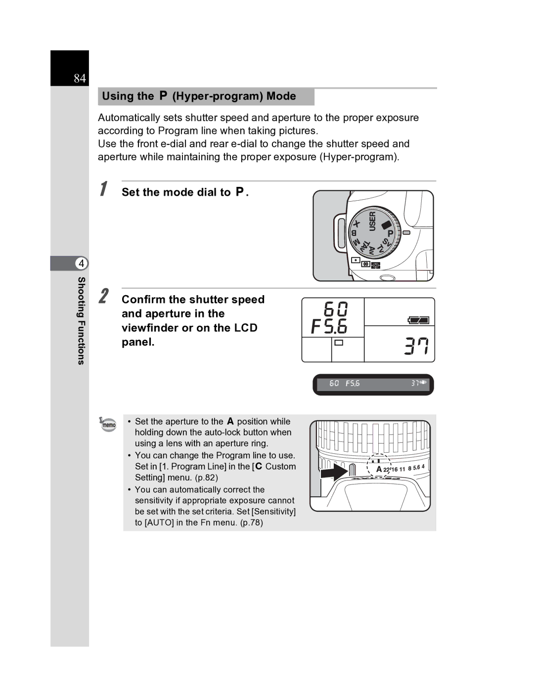 Pentax K20D manual Using the e Hyper-program Mode, Set the mode dial to e 