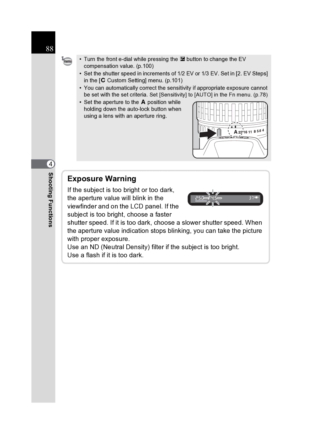 Pentax K20D manual Exposure Warning 