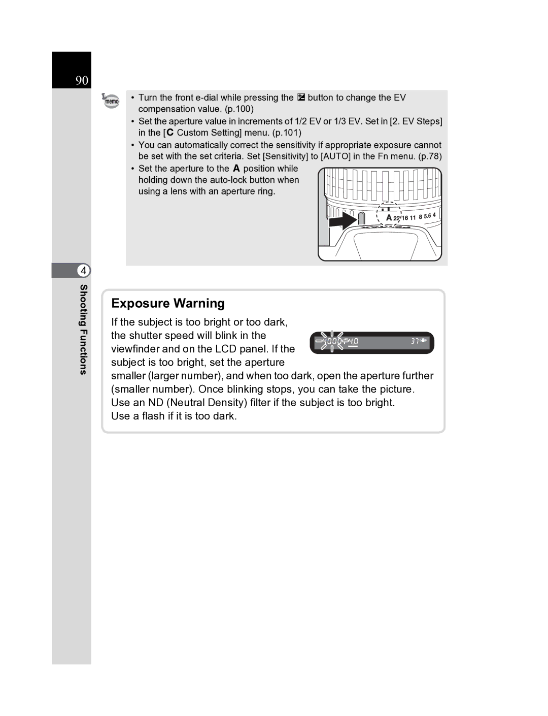 Pentax K20D manual Exposure Warning 