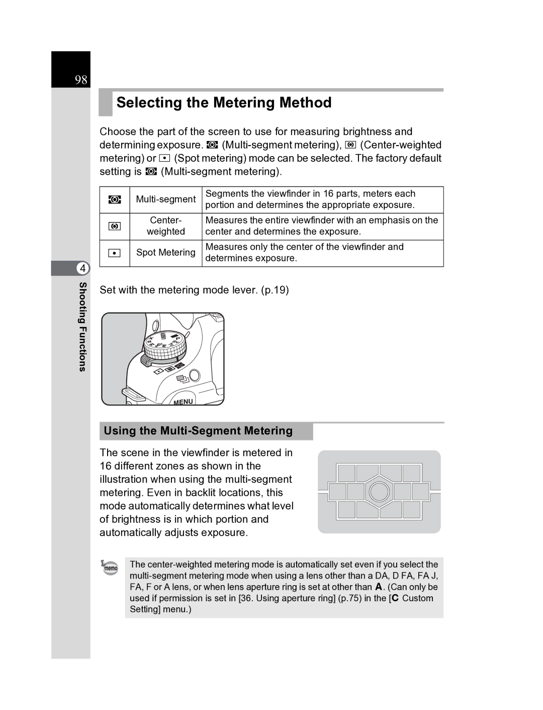 Pentax K20D manual Selecting the Metering Method, Using the Multi-Segment Metering, Center and determines the exposure 