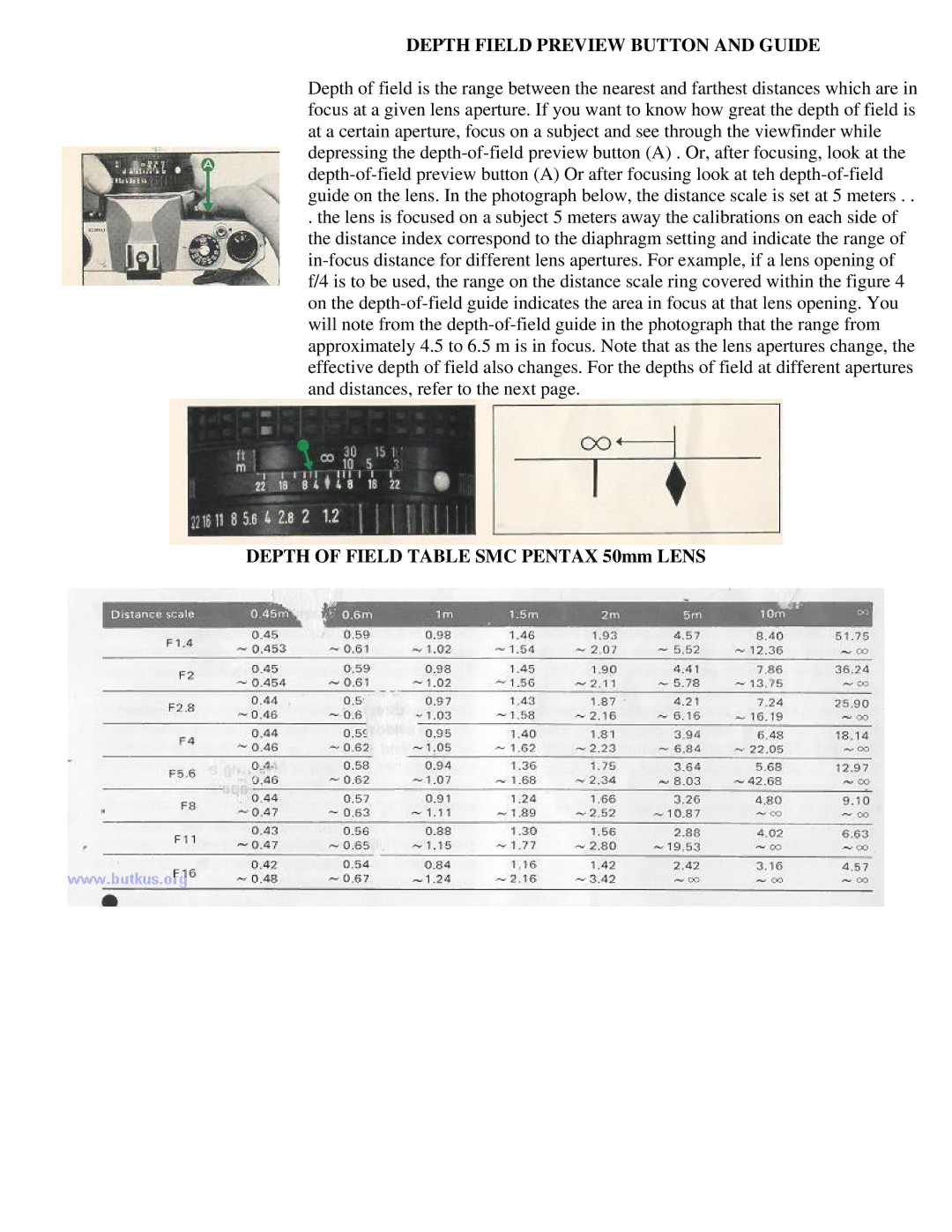 Pentax KM Camera manual Depth Field Preview Button and Guide 