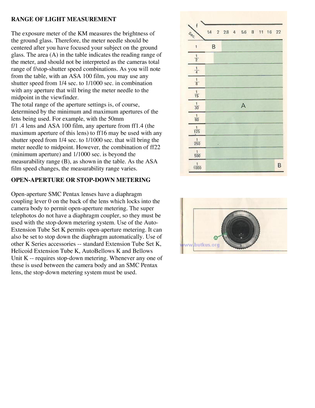 Pentax KM Camera manual Range of Light Measurement, OPEN-APERTURE or STOP-DOWN Metering 