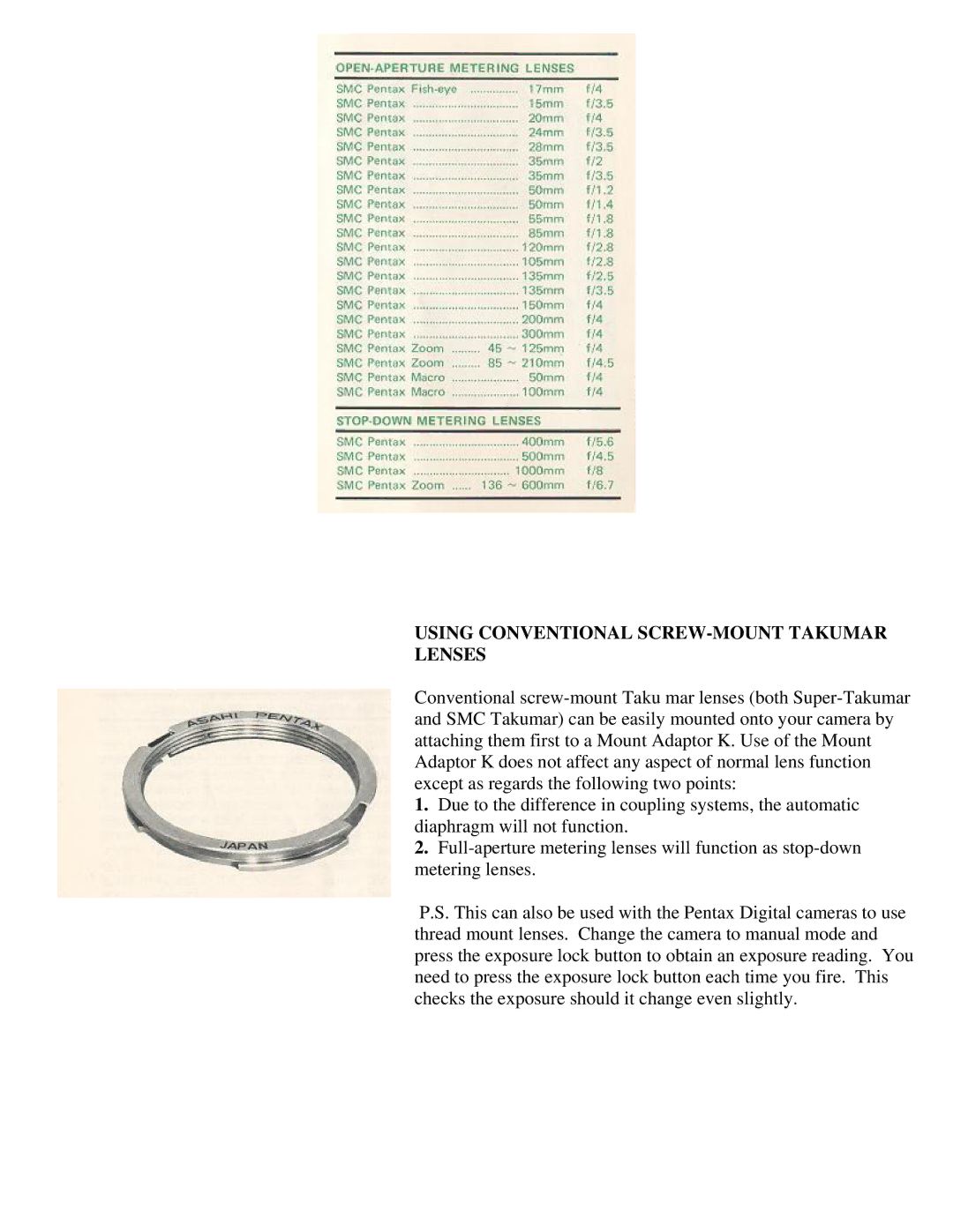 Pentax KM Camera manual Using Conventional SCREW-MOUNT Takumar Lenses 