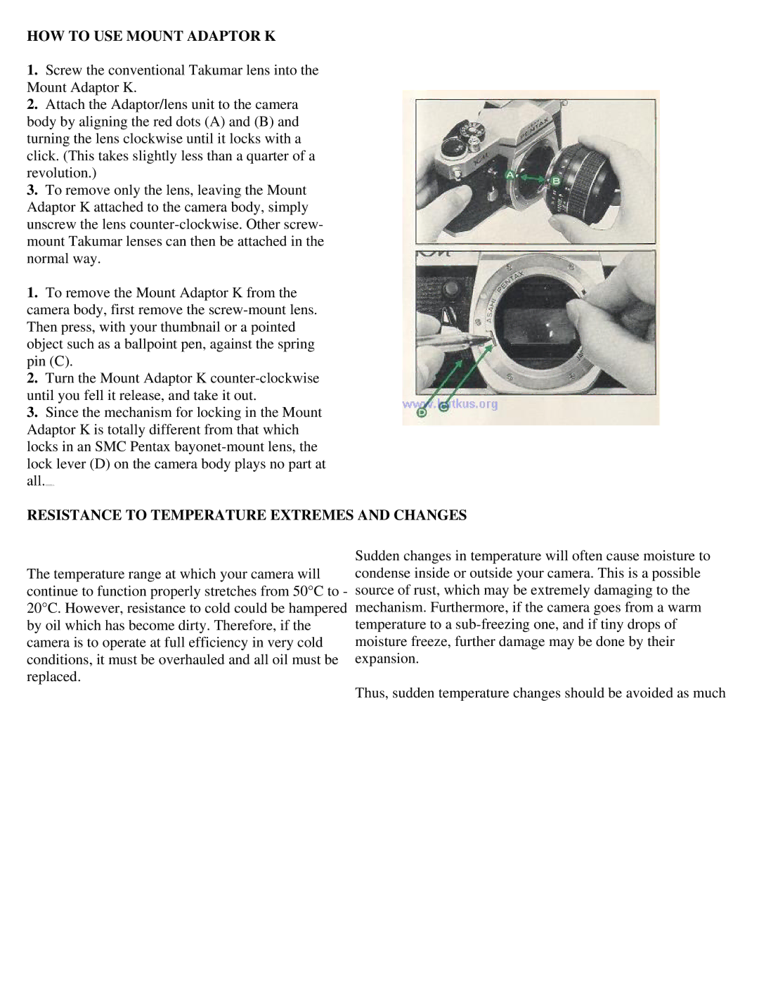 Pentax KM Camera manual HOW to USE Mount Adaptor K, Resistance to Temperature Extremes and Changes 