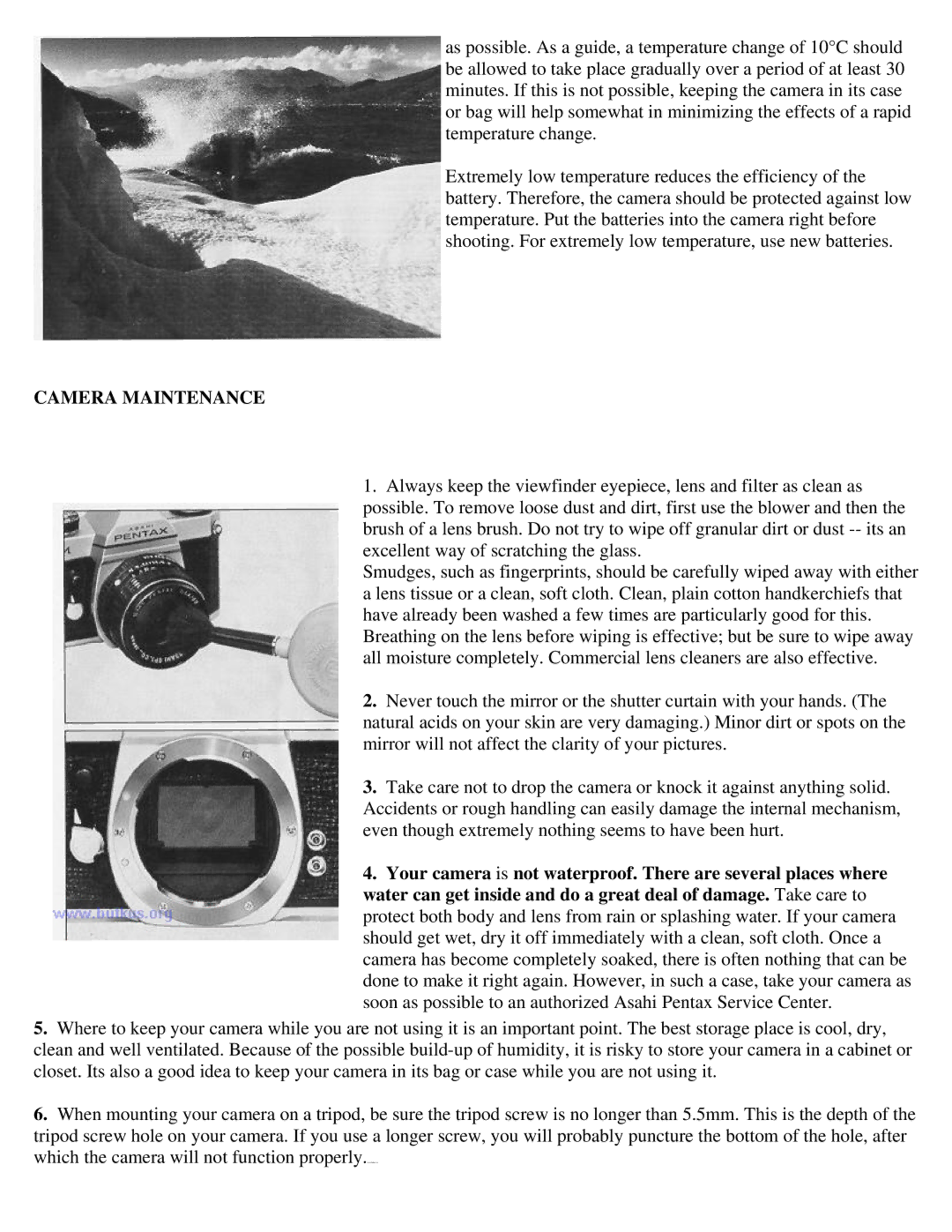 Pentax KM Camera manual Camera Maintenance 