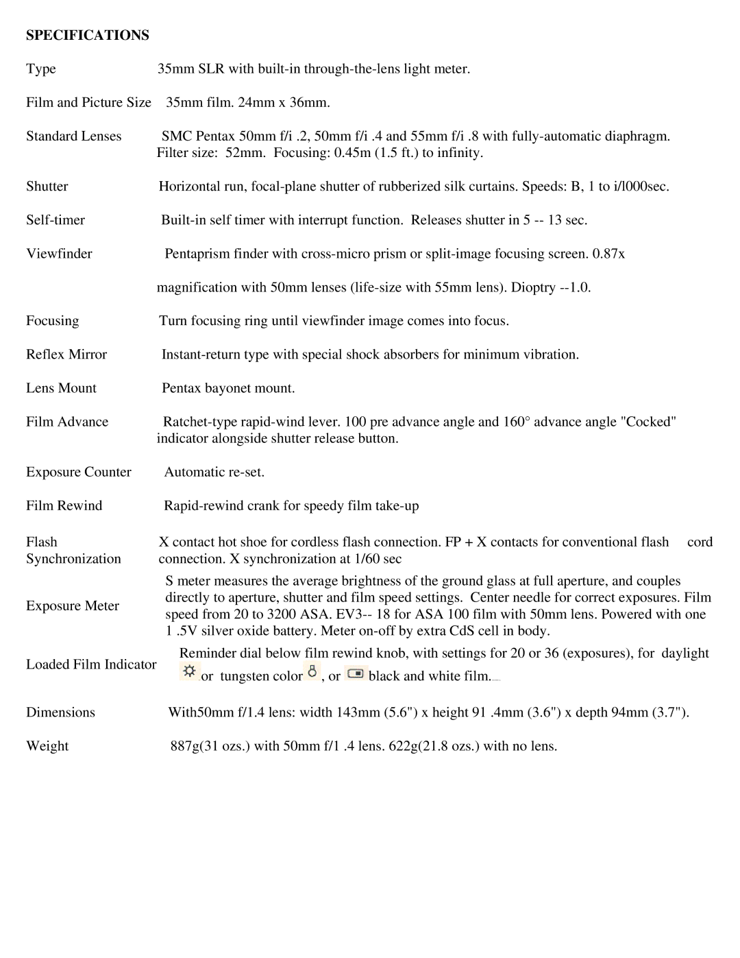 Pentax KM Camera manual Specifications 