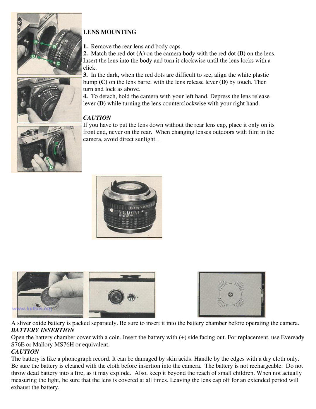 Pentax KM Camera manual Lens Mounting, Battery Insertion 