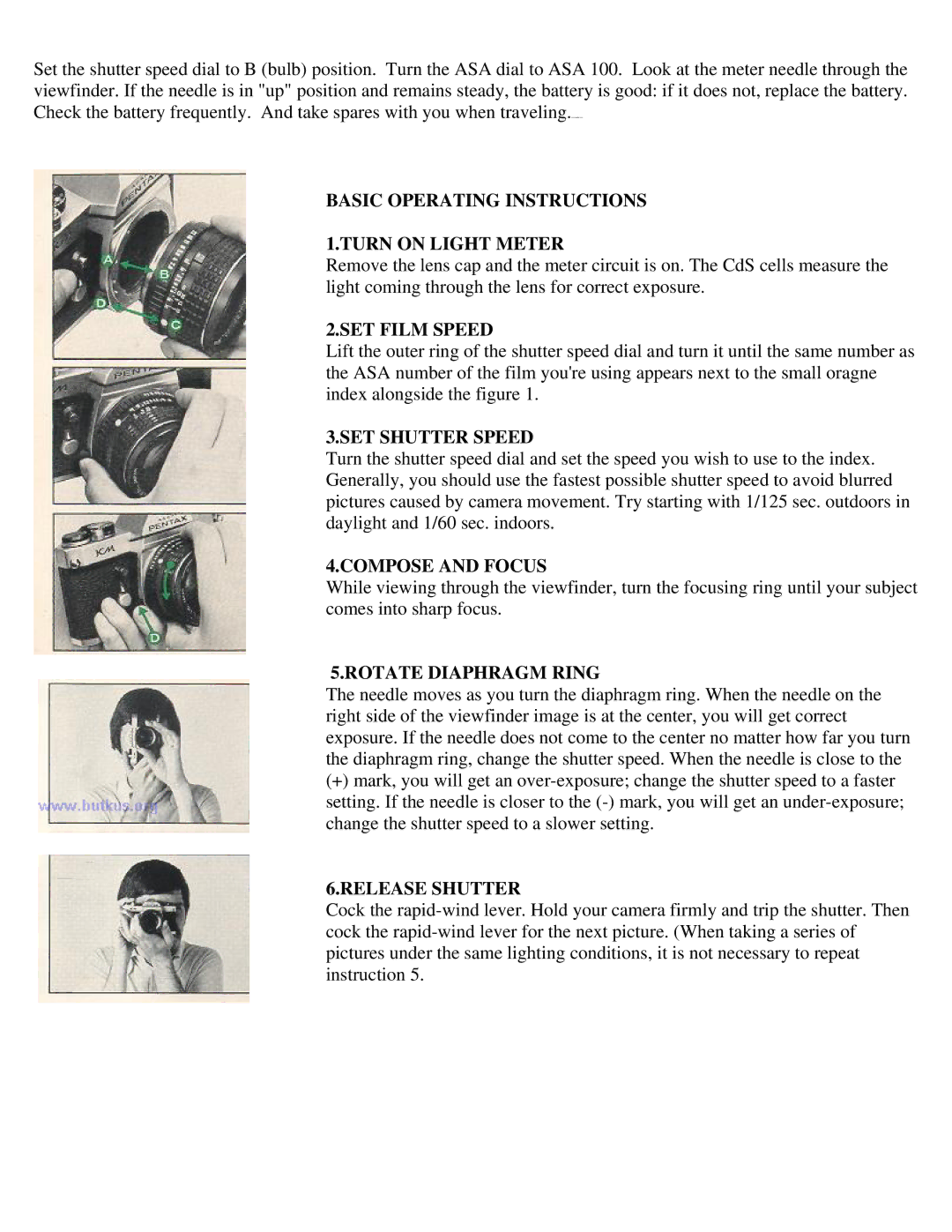 Pentax KM Camera Basic Operating Instructions Turn on Light Meter, SET Film Speed, SET Shutter Speed, Compose and Focus 