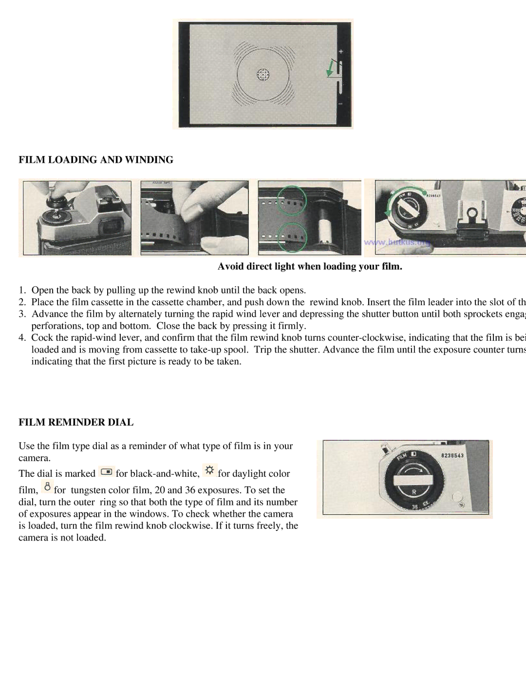 Pentax KM Camera manual Film Loading and Winding, Film Reminder Dial 