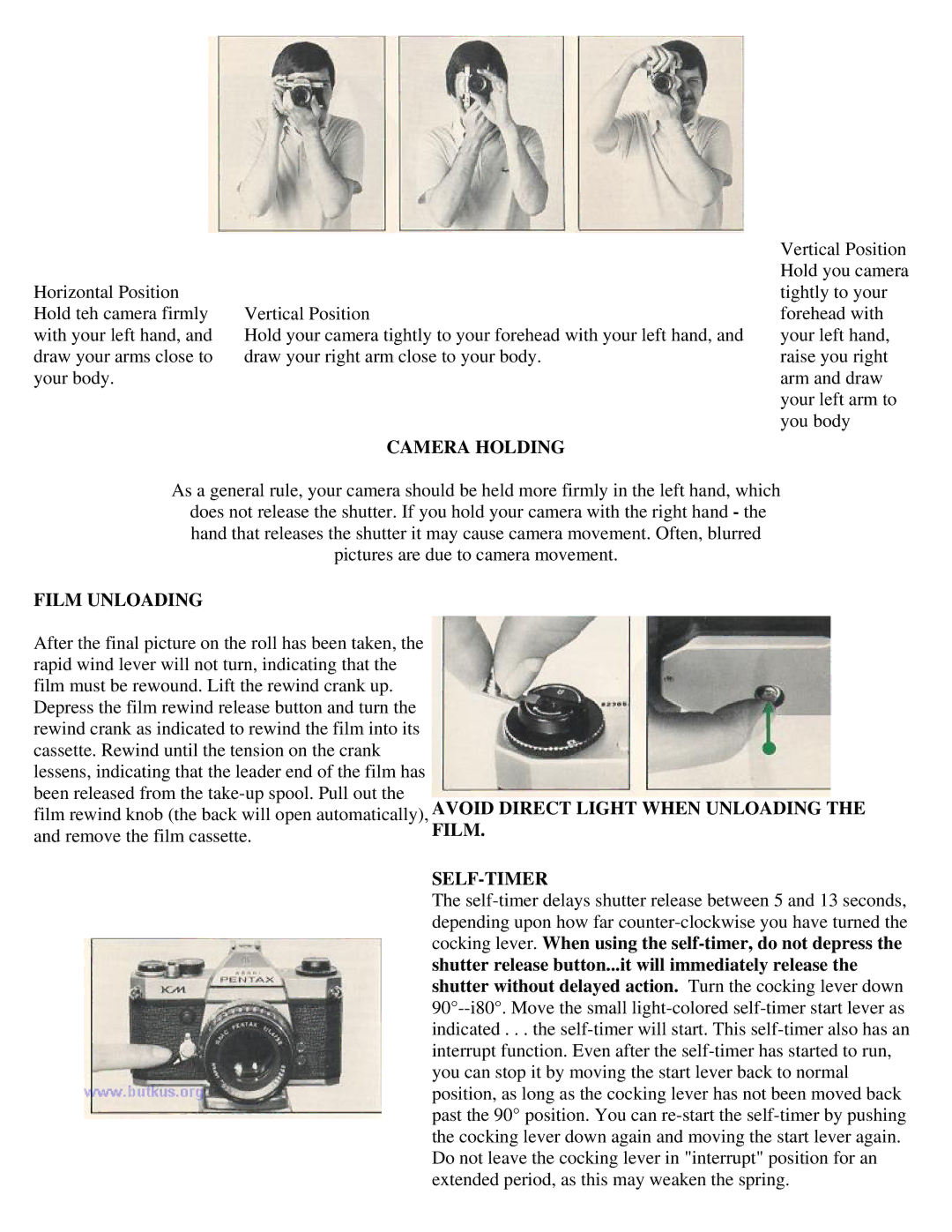 Pentax KM Camera manual Camera Holding, Film Unloading, Self-Timer 