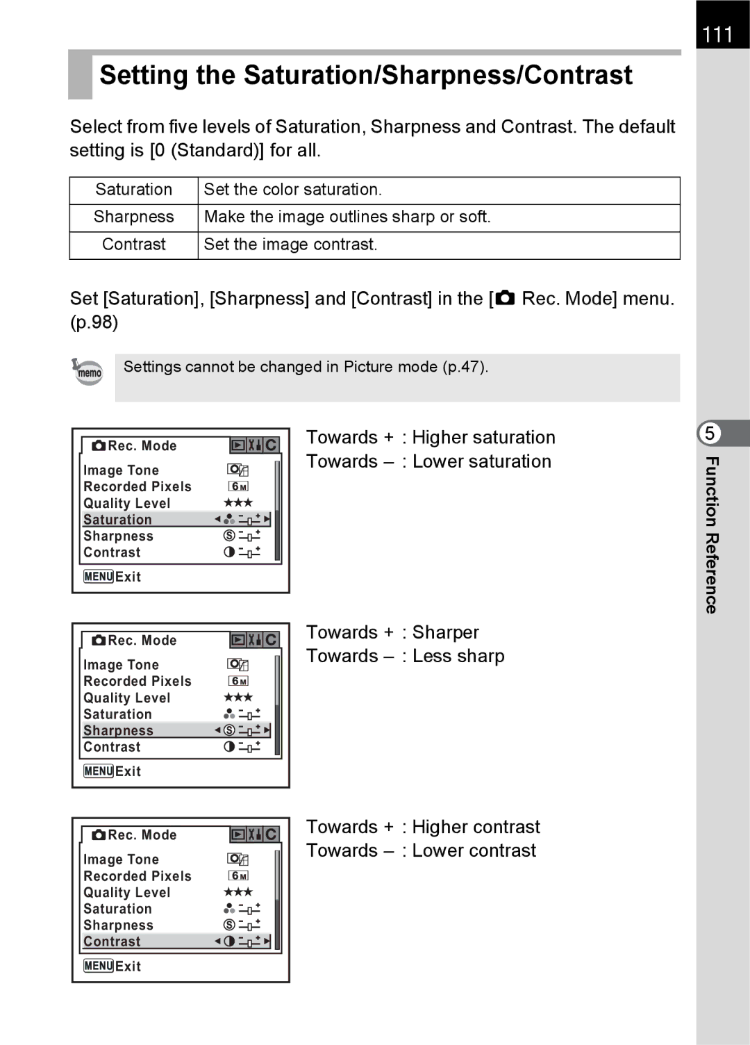 Pentax Setting the Saturation/Sharpness/Contrast, 111, Towards + Higher saturation Towards Lower saturation 