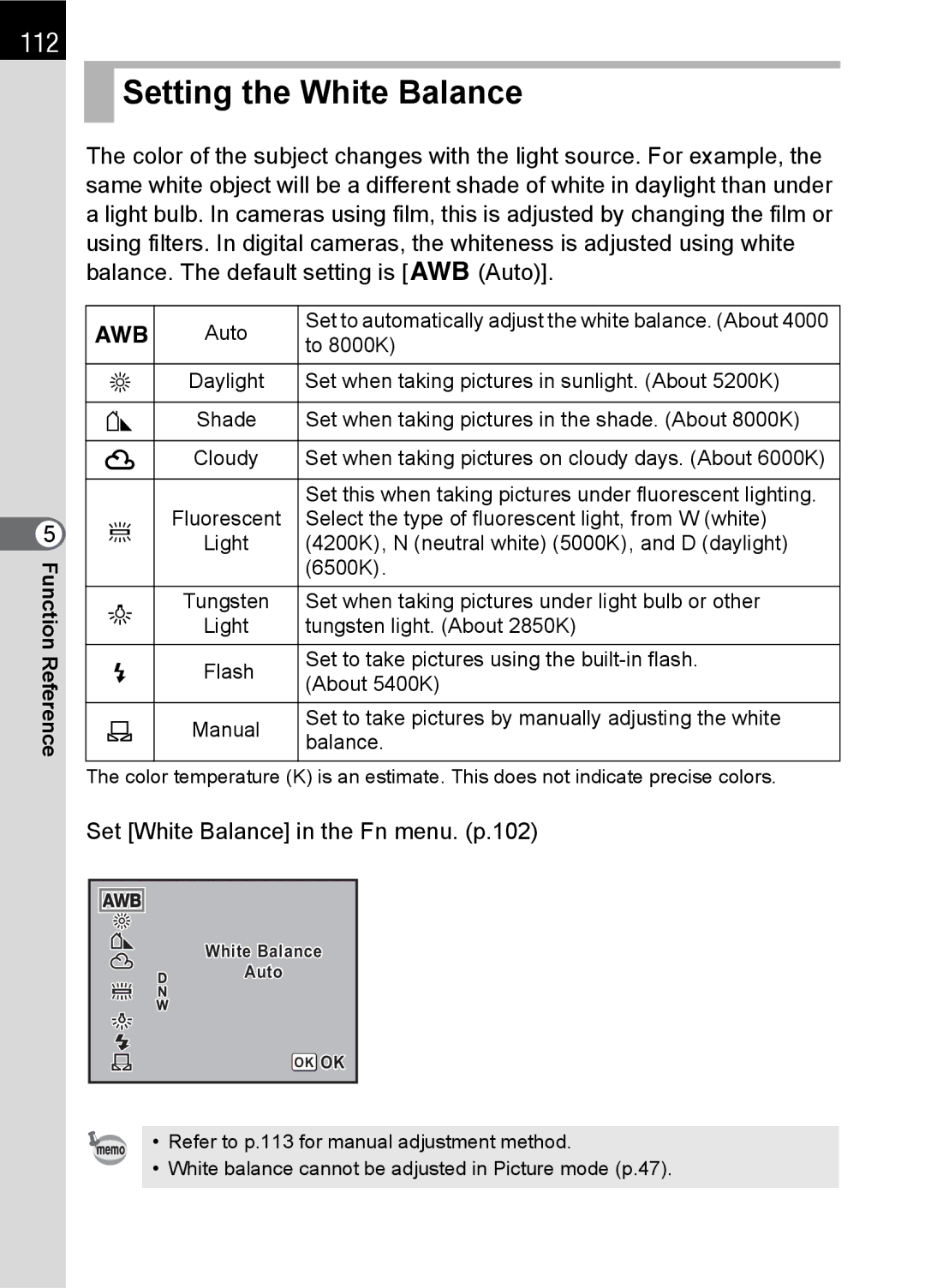 Pentax L specifications Setting the White Balance, 112, Set White Balance in the Fn menu. p.102 