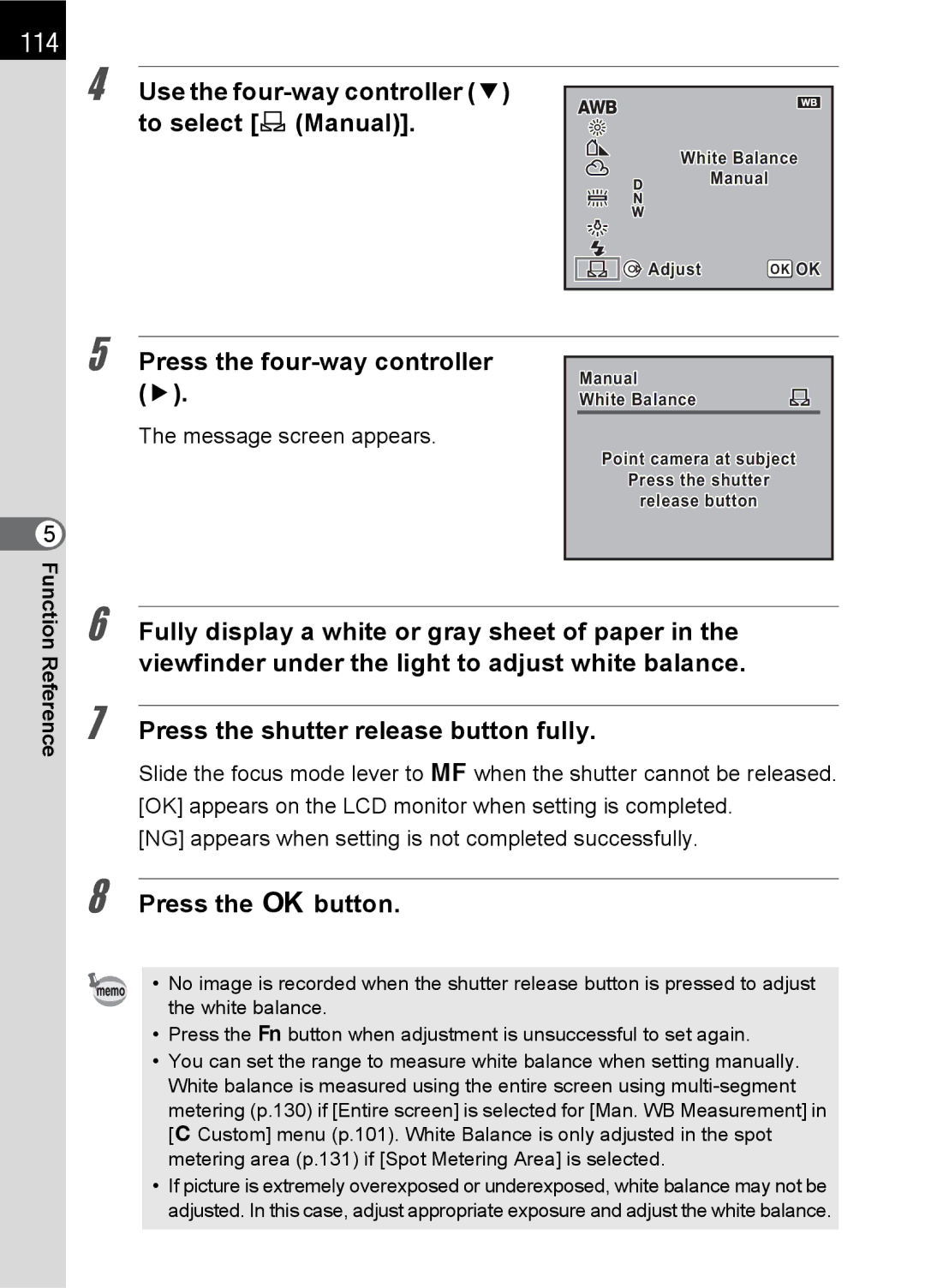 Pentax L specifications 114, Use the four-way controller To select K Manual, Message screen appears 