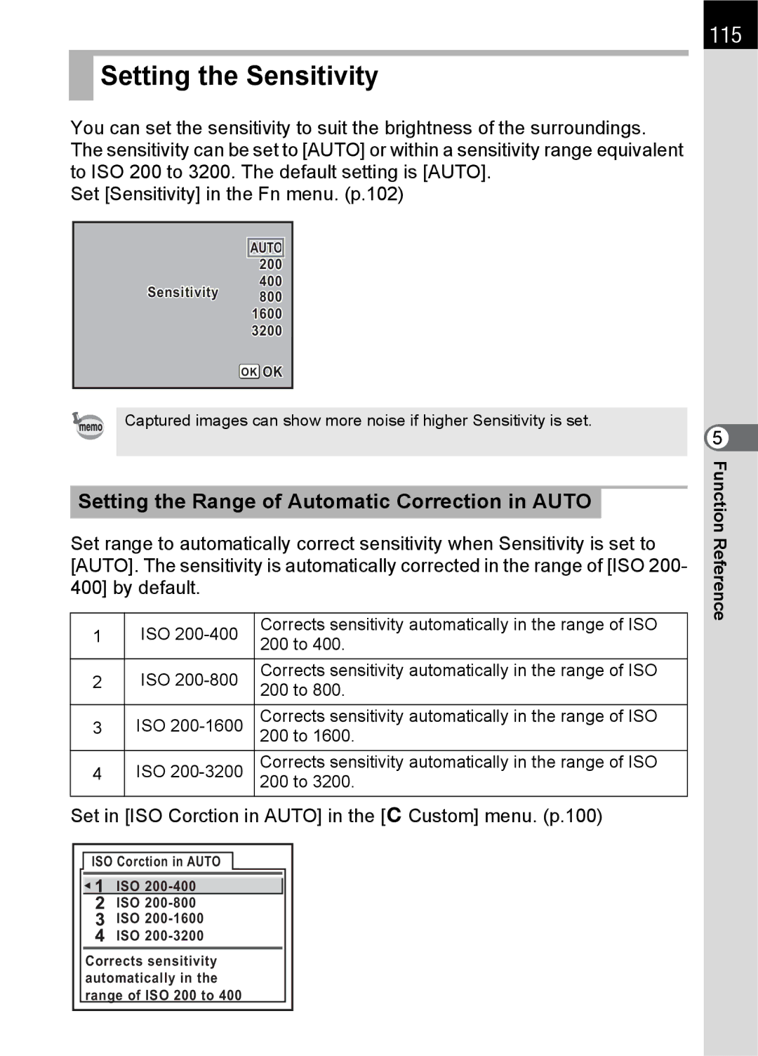 Pentax L specifications Setting the Sensitivity, 115, Setting the Range of Automatic Correction in Auto 