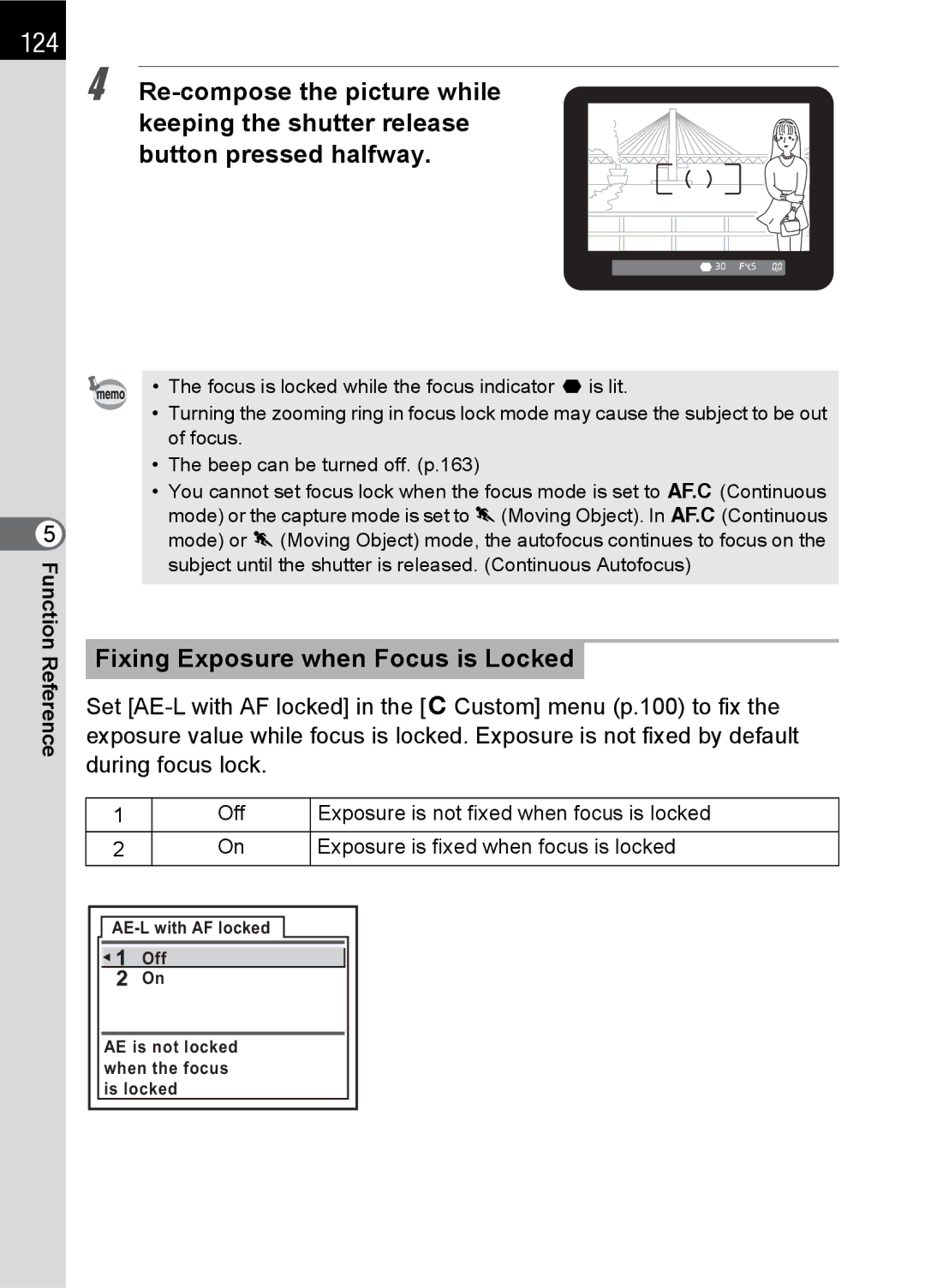 Pentax specifications 124, Fixing Exposure when Focus is Locked 