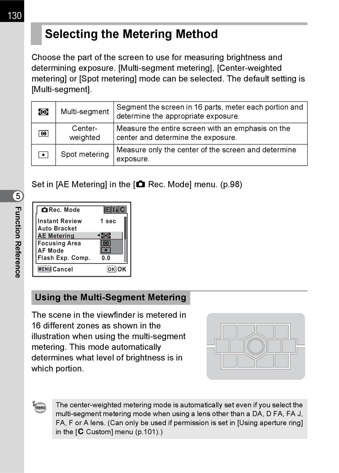 Pentax L specifications Selecting the Metering Method, 130, Using the Multi-Segment Metering 