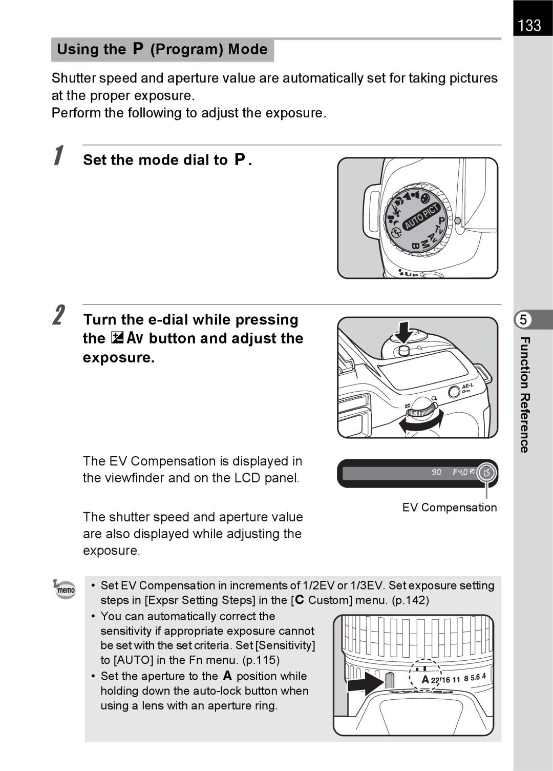 Pentax L specifications 133, Using the e Program Mode 