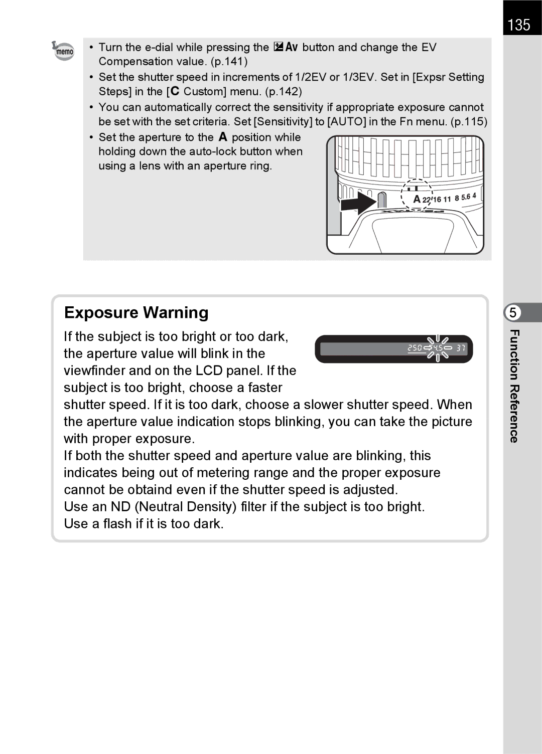 Pentax L specifications 135, Exposure Warning 