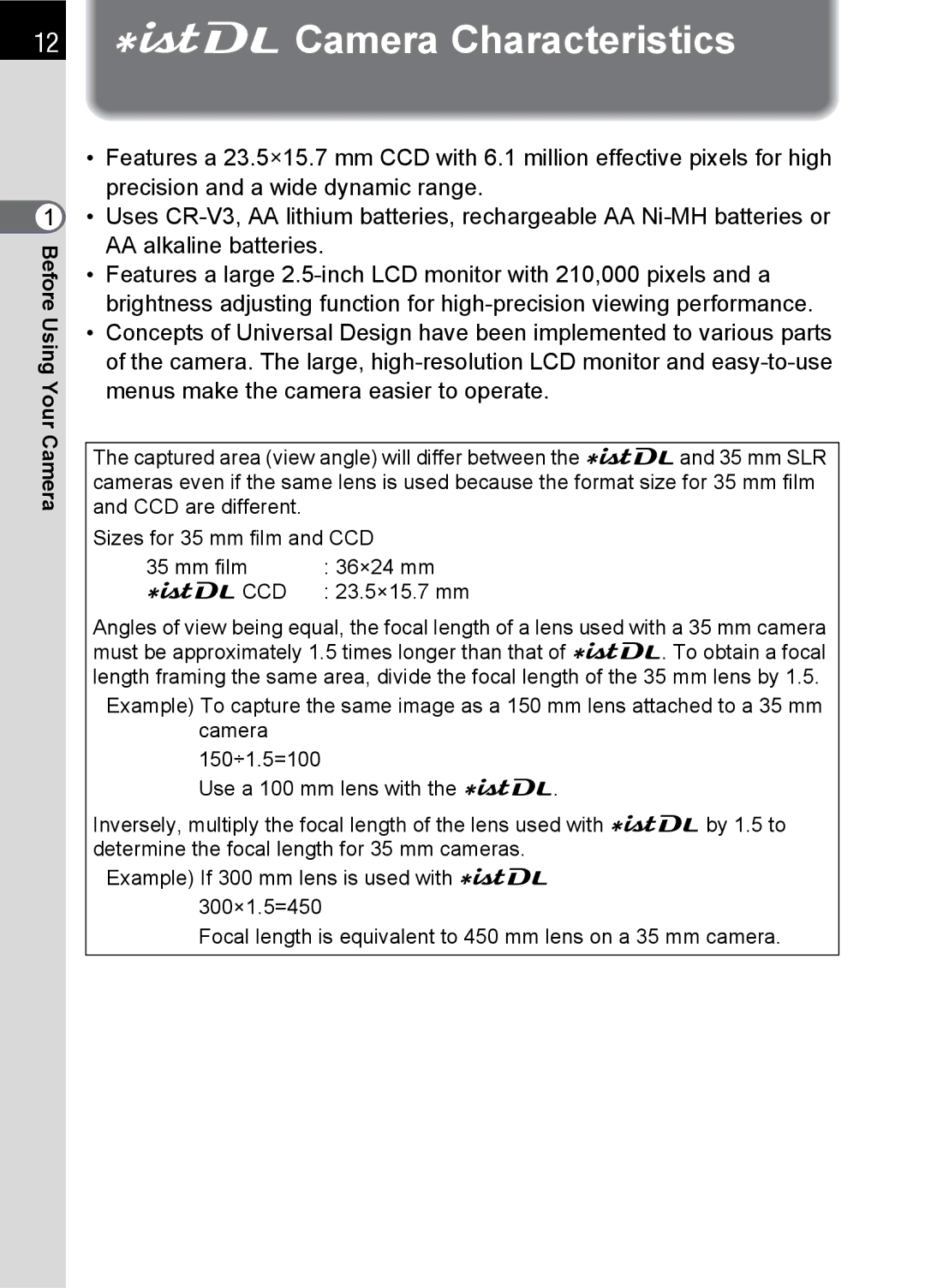 Pentax specifications LCamera Characteristics, Lccd 