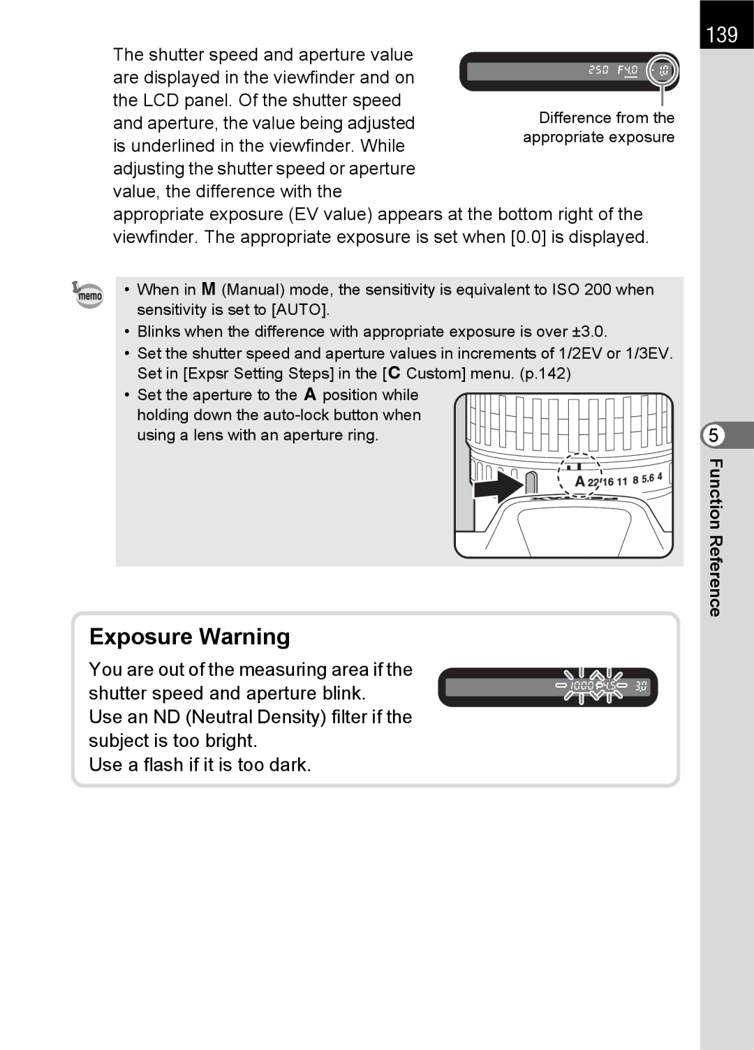 Pentax L specifications 139, Shutter speed and aperture value 