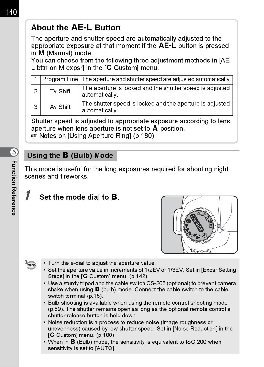 Pentax L specifications 140, Using the p Bulb Mode, Set the mode dial to p 