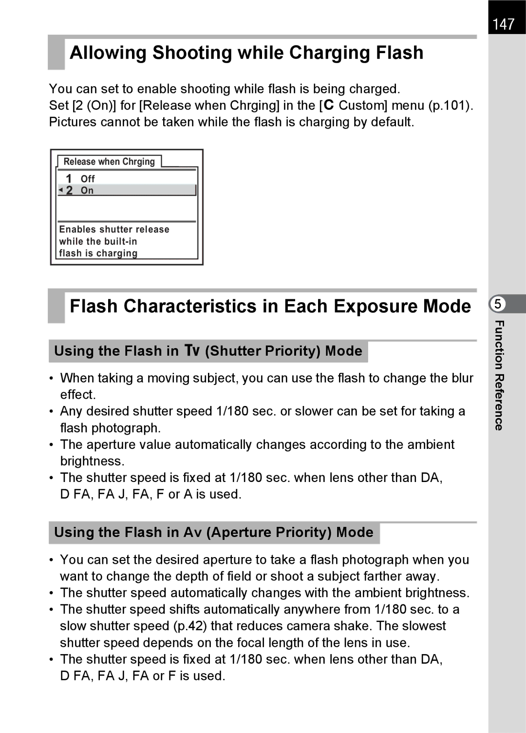 Pentax L specifications Allowing Shooting while Charging Flash, Flash Characteristics in Each Exposure Mode, 147 