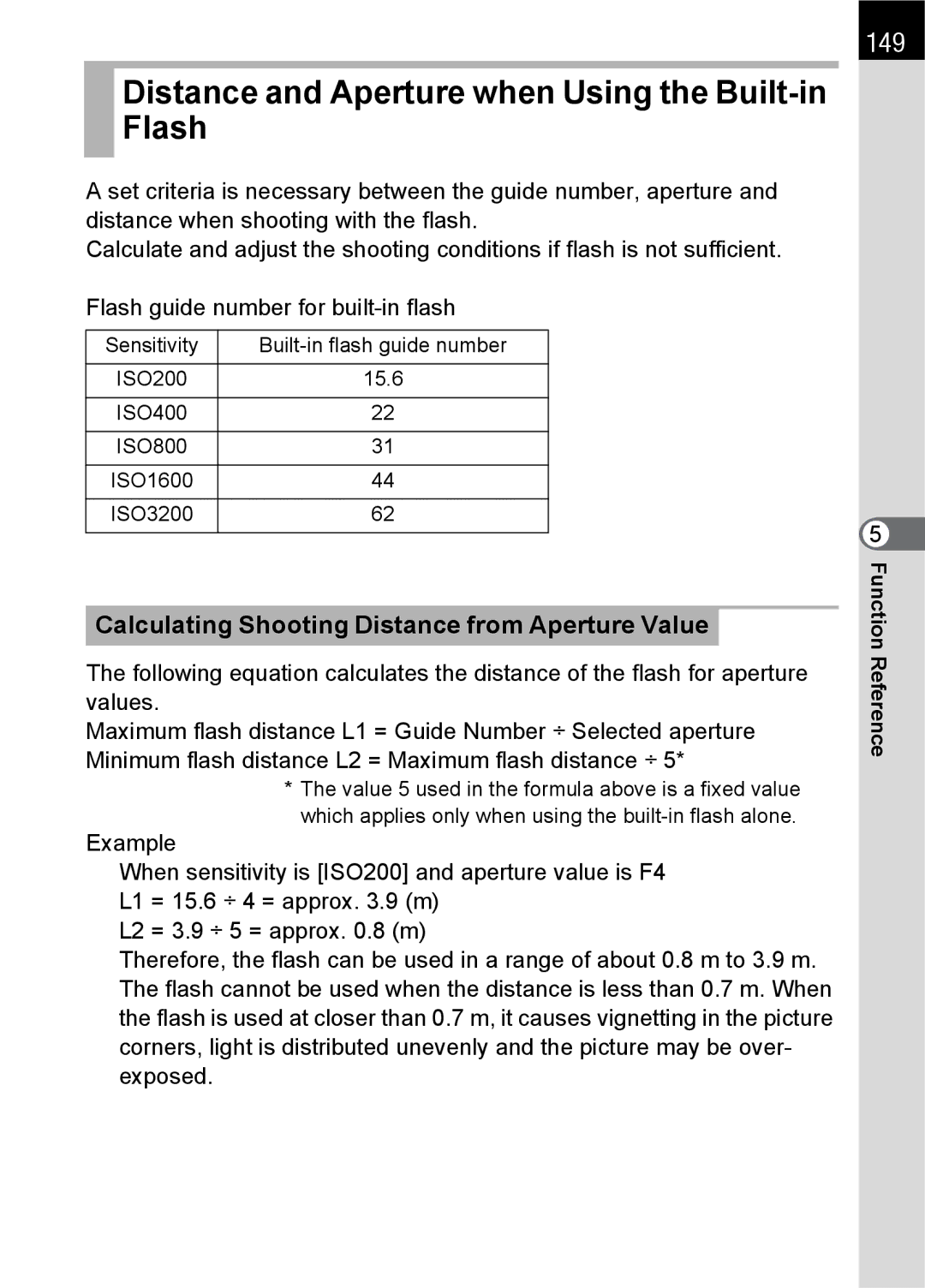 Pentax L Distance and Aperture when Using the Built-in Flash, 149, Calculating Shooting Distance from Aperture Value 