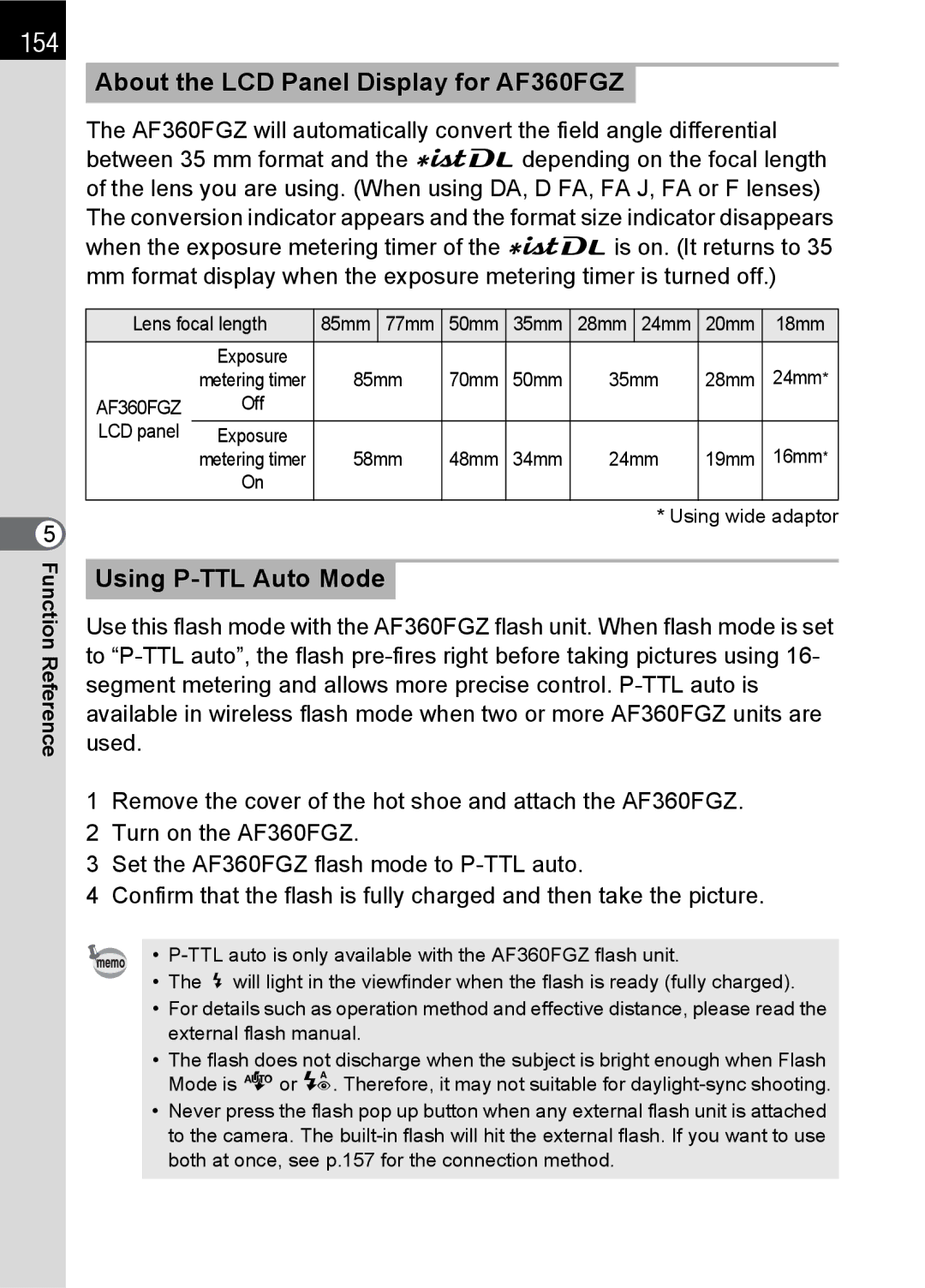 Pentax specifications 154, About the LCD Panel Display for AF360FGZ, Using P-TTL Auto Mode 