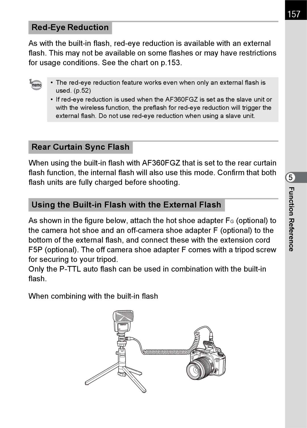 Pentax L specifications 157, Red-Eye Reduction, Rear Curtain Sync Flash, Using the Built-in Flash with the External Flash 