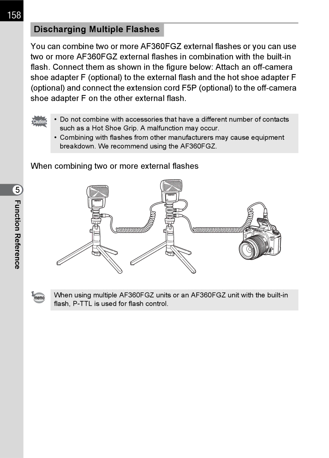 Pentax L specifications 158, Discharging Multiple Flashes, When combining two or more external flashes 