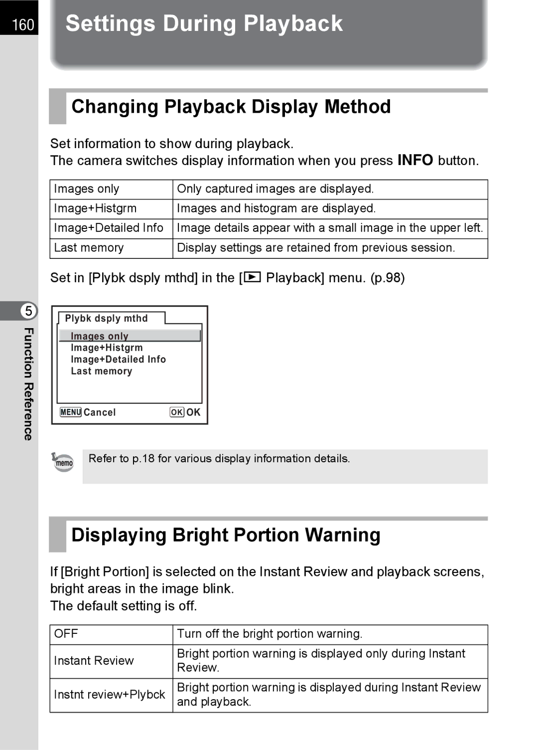 Pentax L specifications Settings During Playback, Changing Playback Display Method, Displaying Bright Portion Warning 