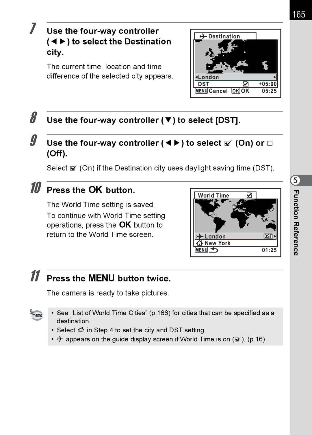 Pentax L specifications 165, Use the four-way controller To select the Destination city, Press the 3button twice 