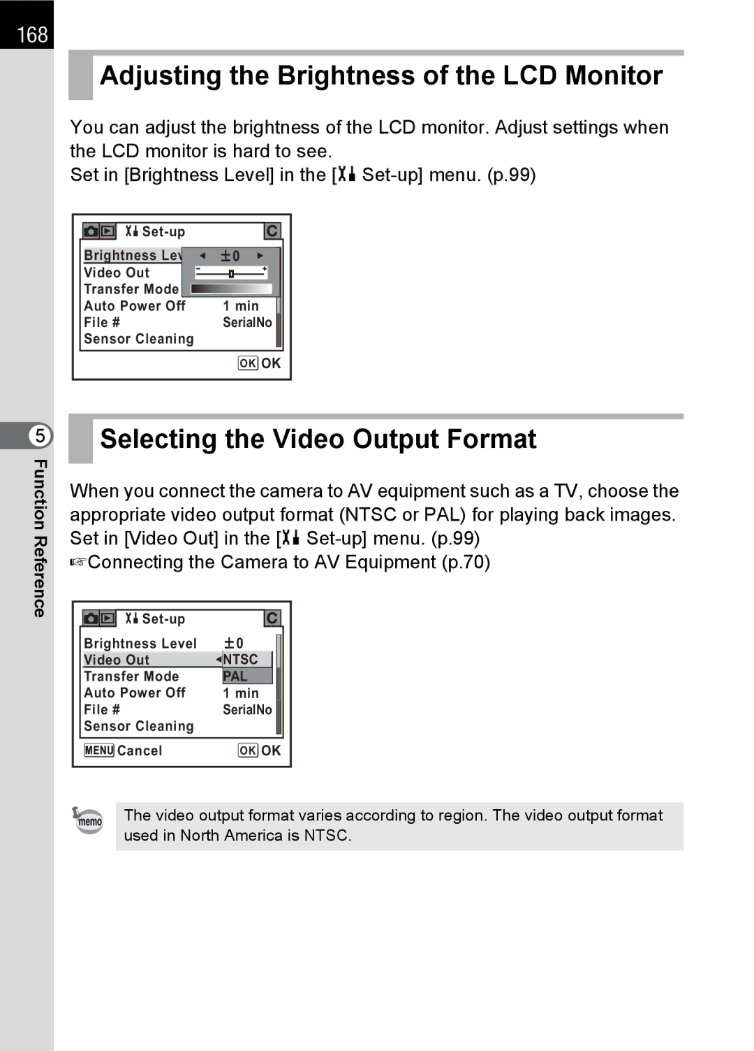 Pentax specifications Adjusting the Brightness of the LCD Monitor, Selecting the Video Output Format, 168 