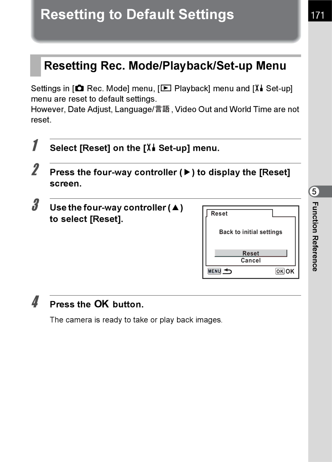 Pentax L specifications Resetting to Default Settings, Resetting Rec. Mode/Playback/Set-up Menu, 171, To select Reset 