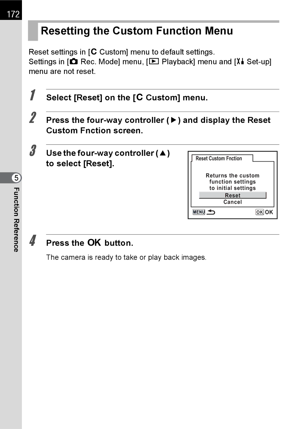 Pentax L specifications Resetting the Custom Function Menu, 172, Use the four-way controller 2 to select Reset 