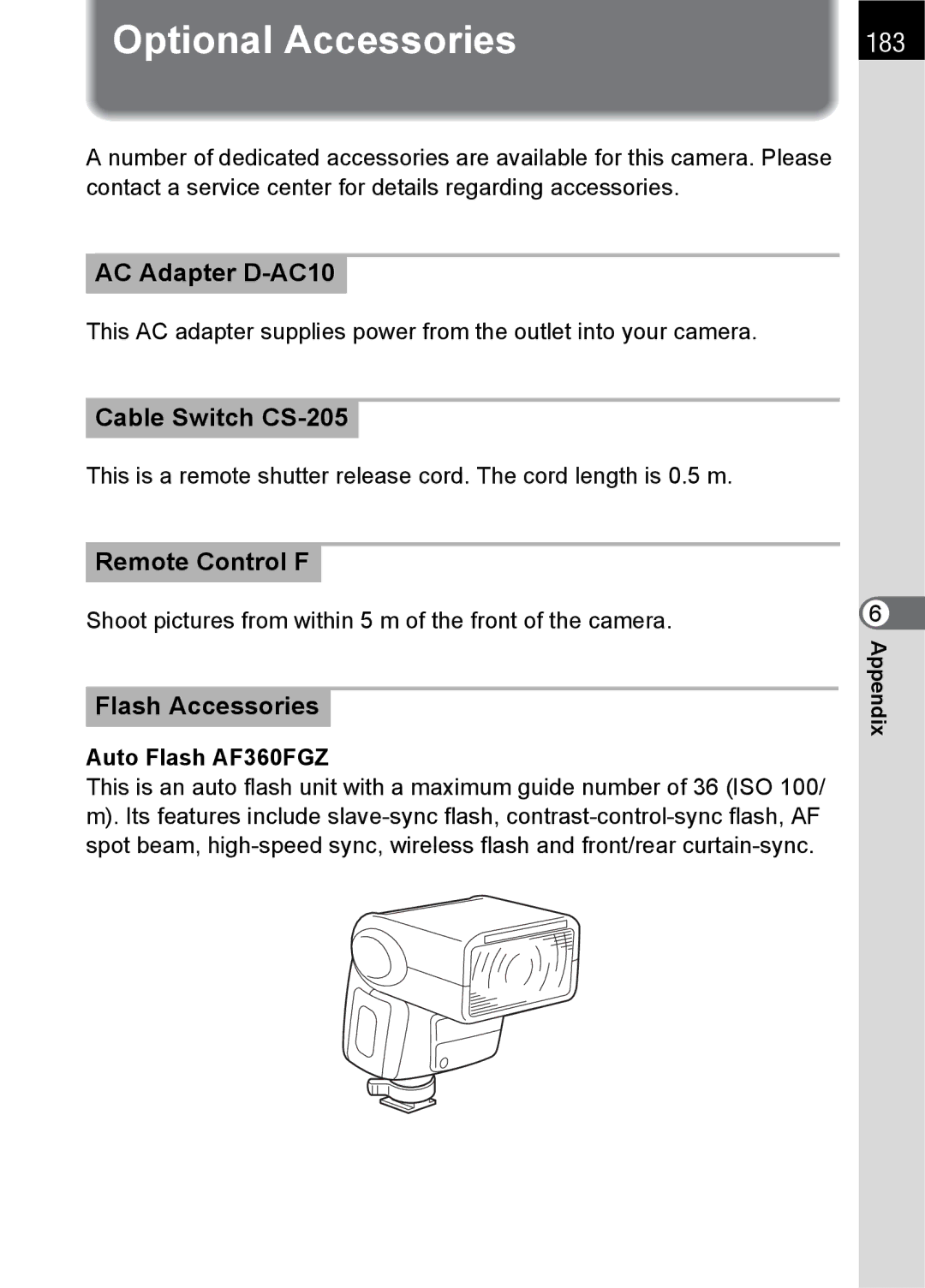 Pentax L specifications Optional Accessories, 183 