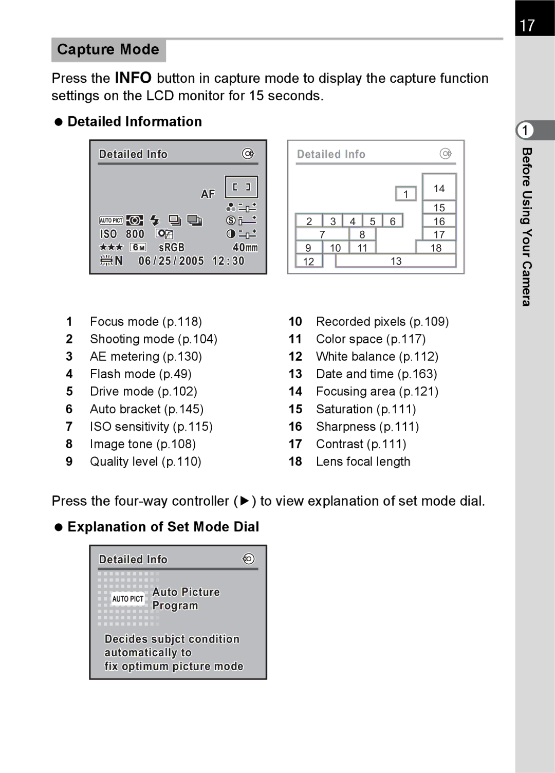 Pentax L specifications Capture Mode, Detailed Information, Explanation of Set Mode Dial 