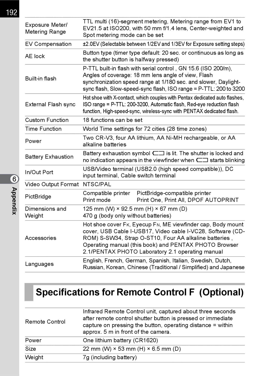 Pentax L specifications Specifications for Remote Control F Optional, 192 