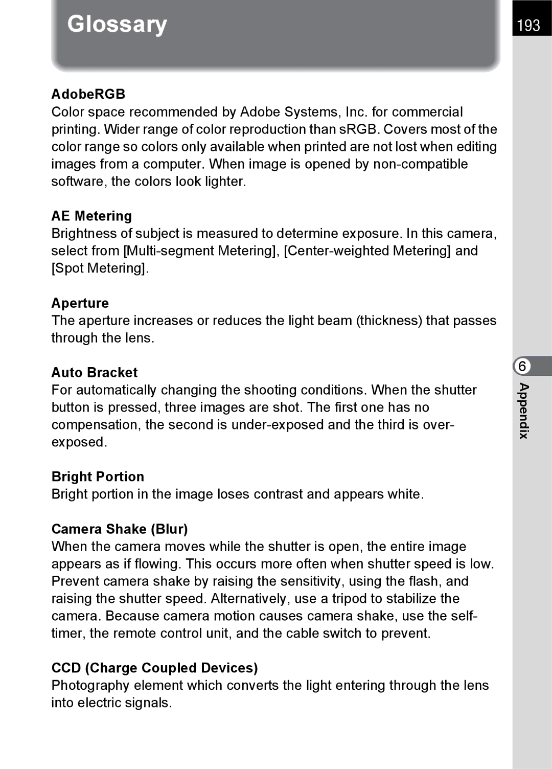 Pentax L specifications Glossary, 193 