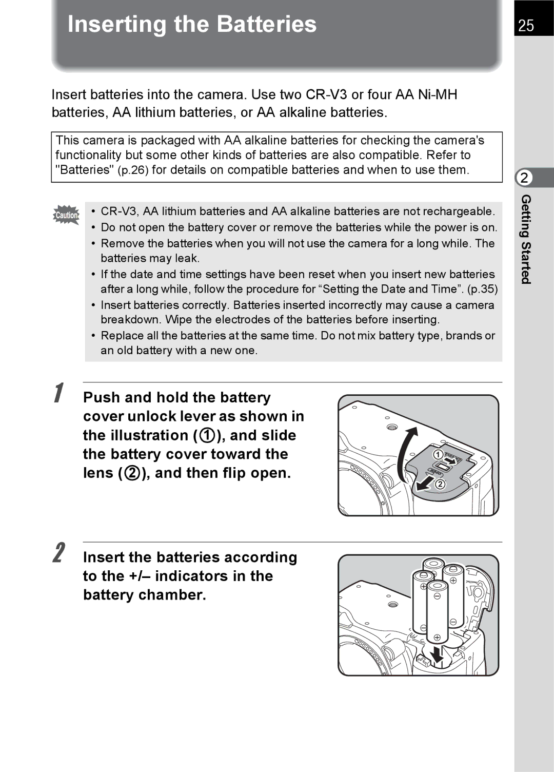 Pentax L specifications Inserting the Batteries 